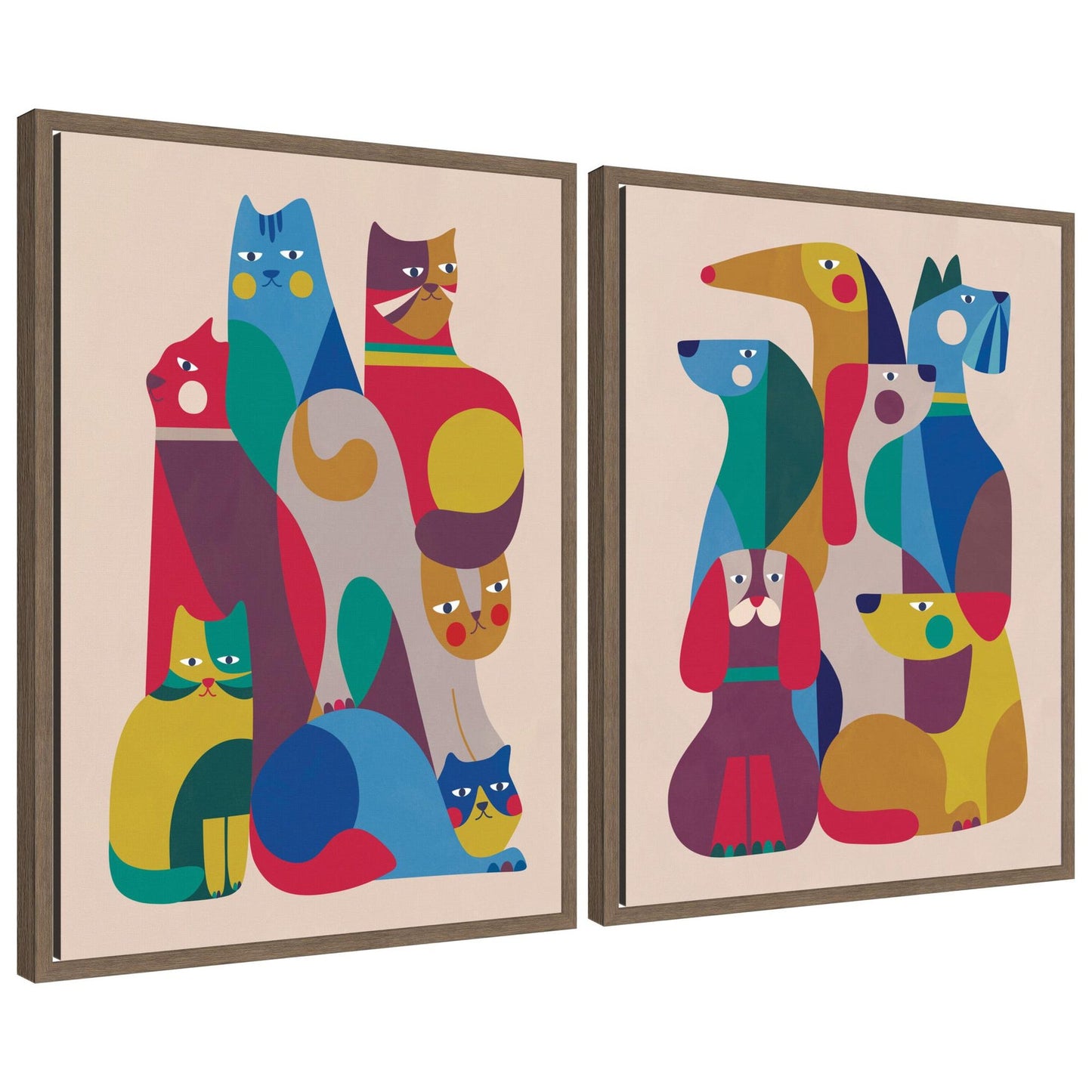 Retro cats and dogs 2 piece framed canvas wall art set
