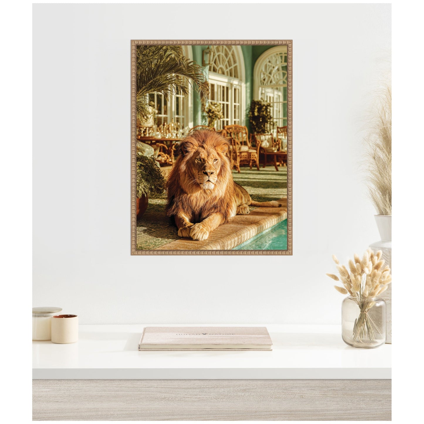 Majestic Lion by the Pool Framed Canvas Wall Art