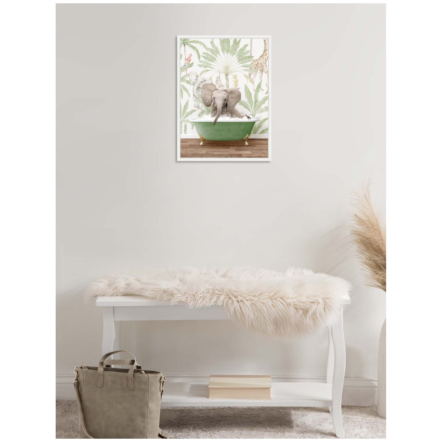Baby Elephant in Safari Bathtub Framed Canvas Wall Art