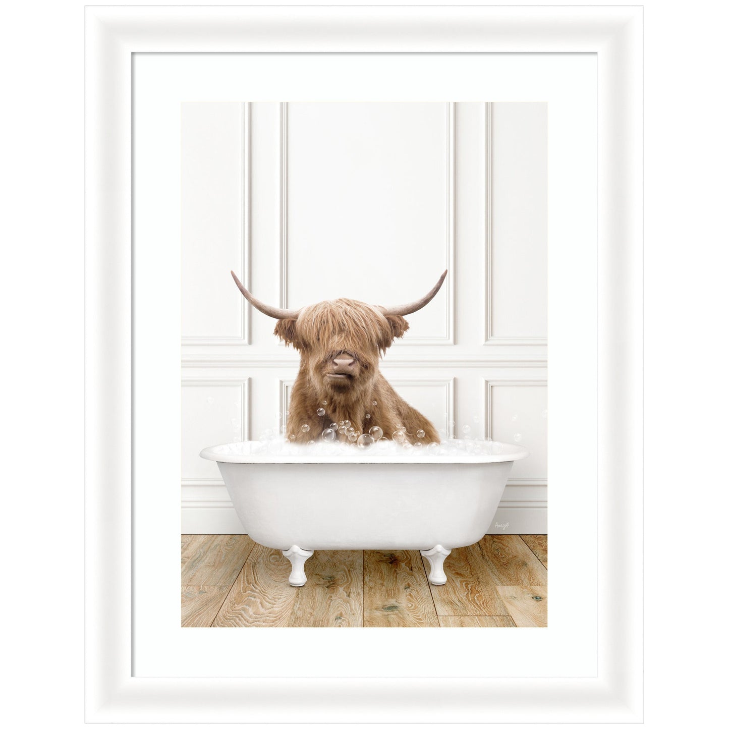 Highland cow in a vintage bathtub framed wall art print, funny bathroom art