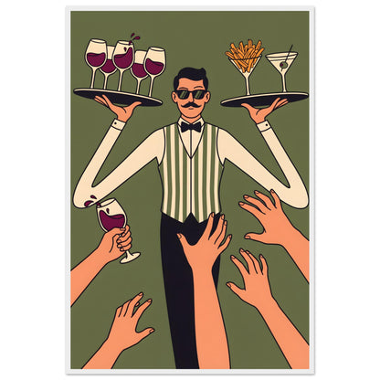 Retro Waiter Bar Art, Framed Server Wall Decor - 60x90 cm / 24x36″ - White frame / Ready-to-hang - Sparkycare