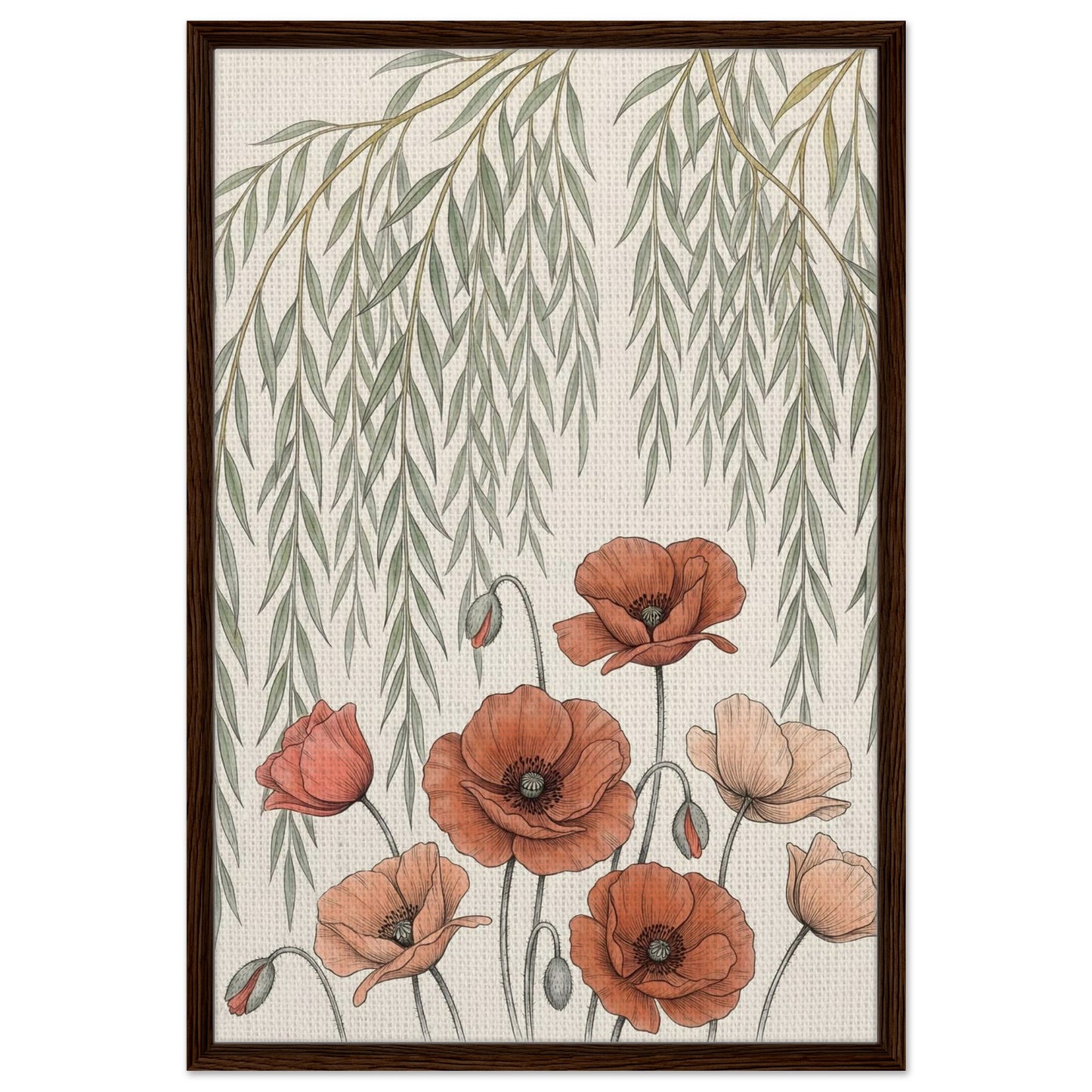 Willow Tree and Poppy Botanical 9th Anniversary Wall Art - 60x90 cm / 24x36″ / Framed Canvas - Dark wood frame - Sparkycare