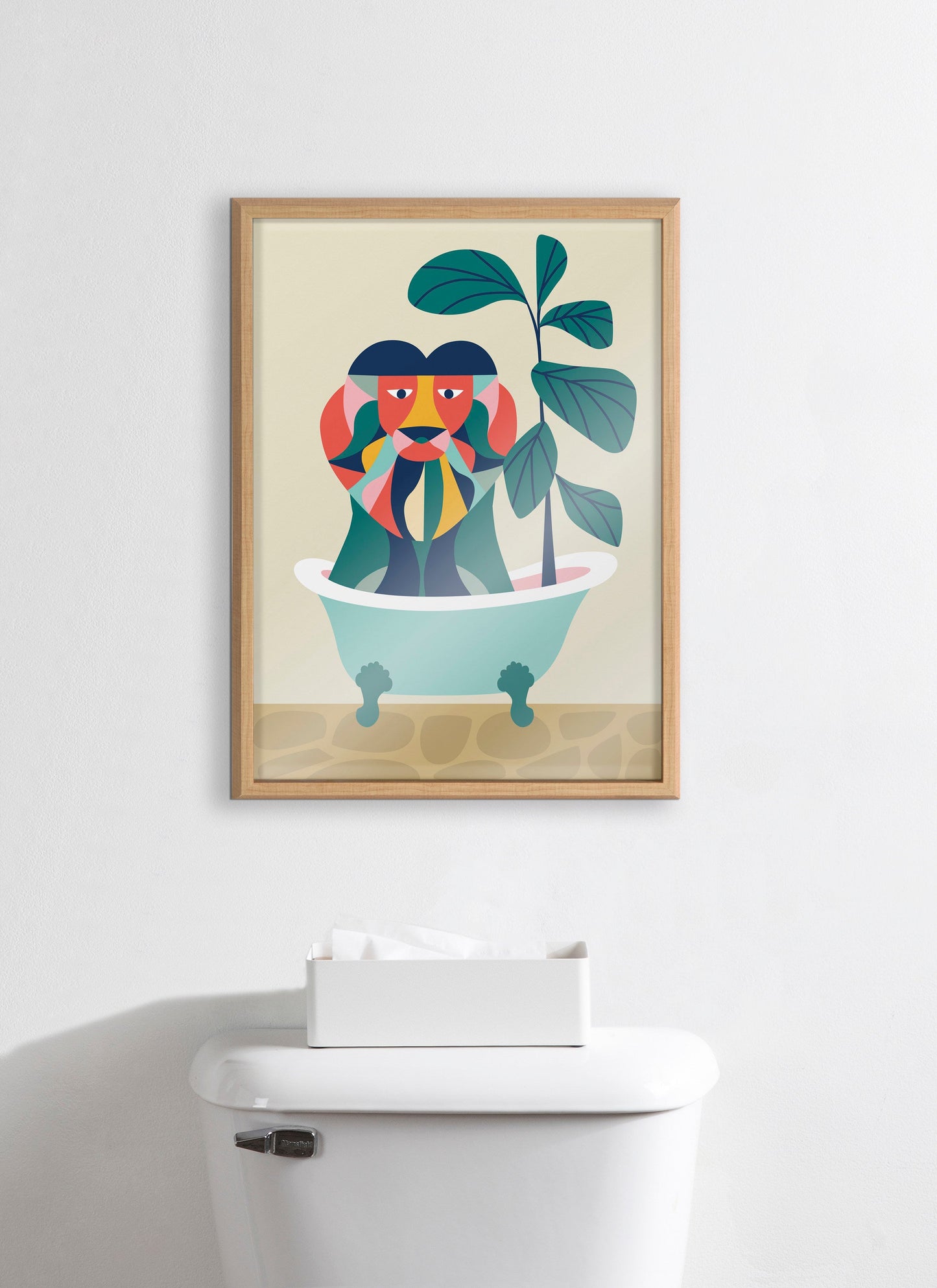 Mid Century Modern Lion in Bathtub Framed Glass Wall Art