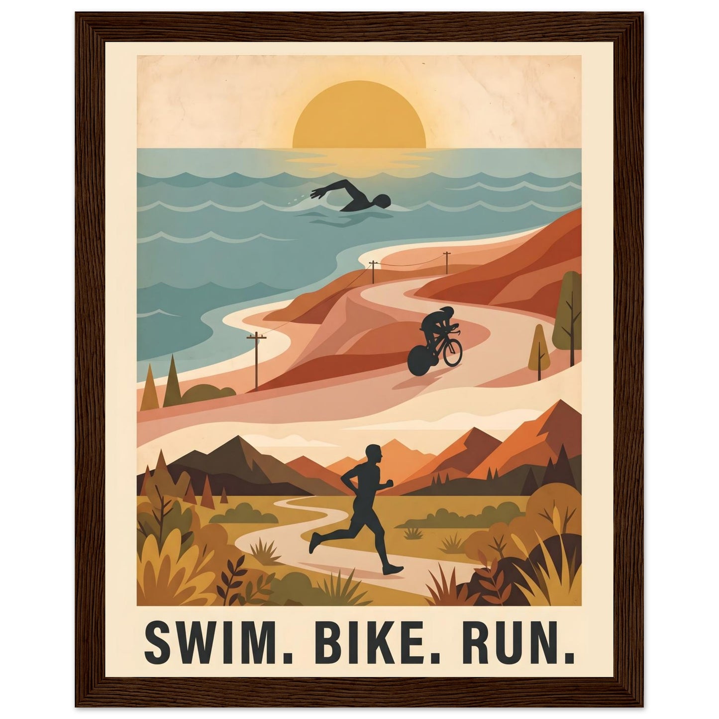 Triathlon Poster: Retro Swim Bike Run Framed Wall Art - 20x25 cm / 8x10″ - Dark wood frame / Ready-to-hang - Sparkycare