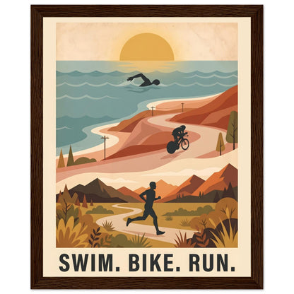 Triathlon Poster: Retro Swim Bike Run Framed Wall Art - 20x25 cm / 8x10″ - Dark wood frame / Ready-to-hang - Sparkycare