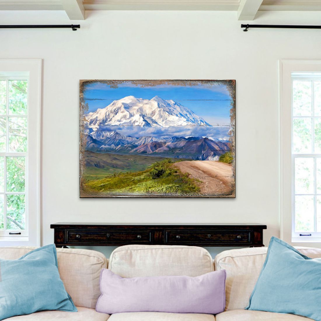 Layered birch wood mountain view wall art