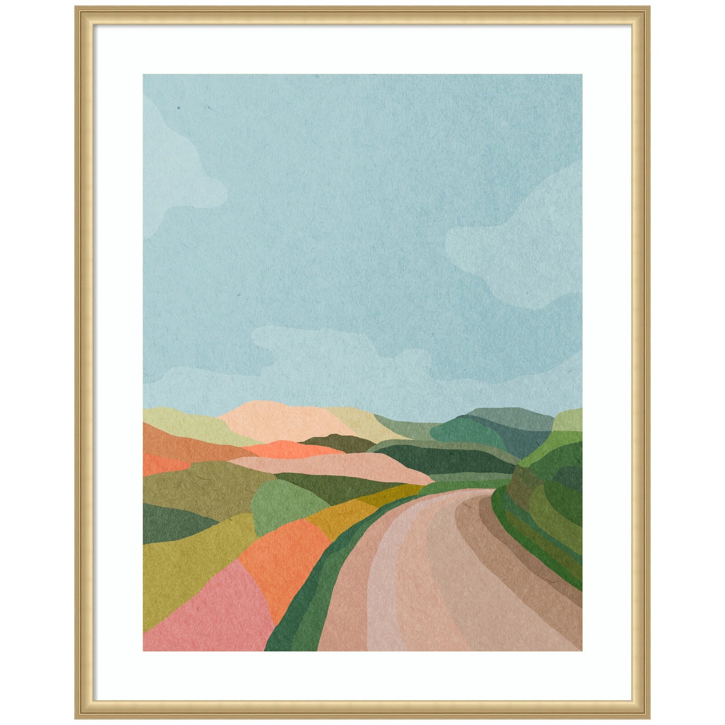 Winding country road leading through open landscape scenery in a wood frame