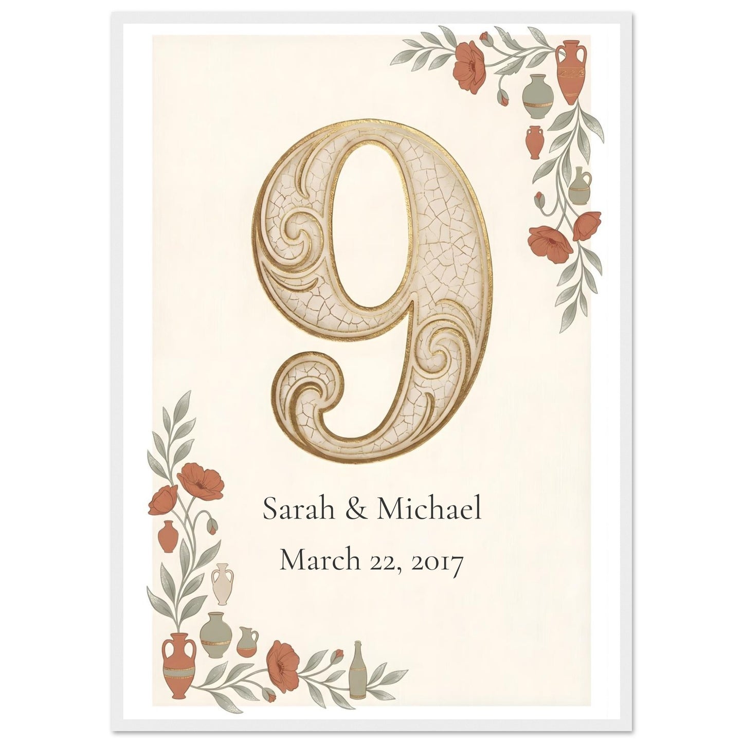 Personalized 9th Anniversary Wall Art - 50x70 cm / 20x28″ - White frame / Ready-to-hang - Sparkycare
