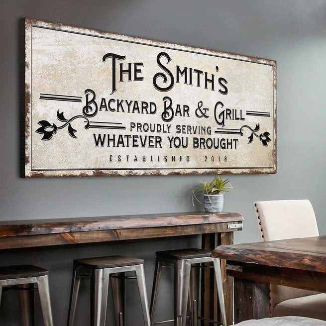 Backyard Bar and Grill retro style canvas sign