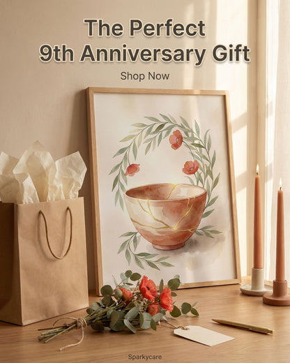 9th Anniversary gift set with framed artwork, gift bag, and flowers on a wooden surface.