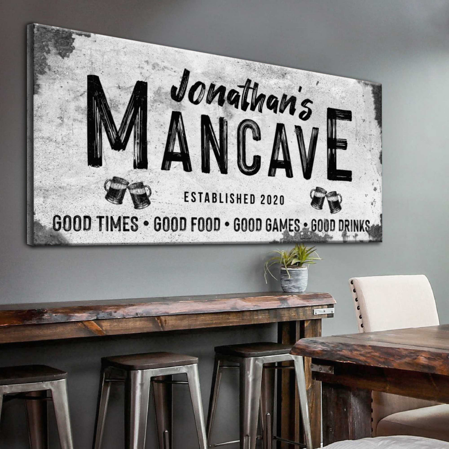 Good times man cave canvas wall art with bold rustic bar sign typography on gallery-wrapped canvas