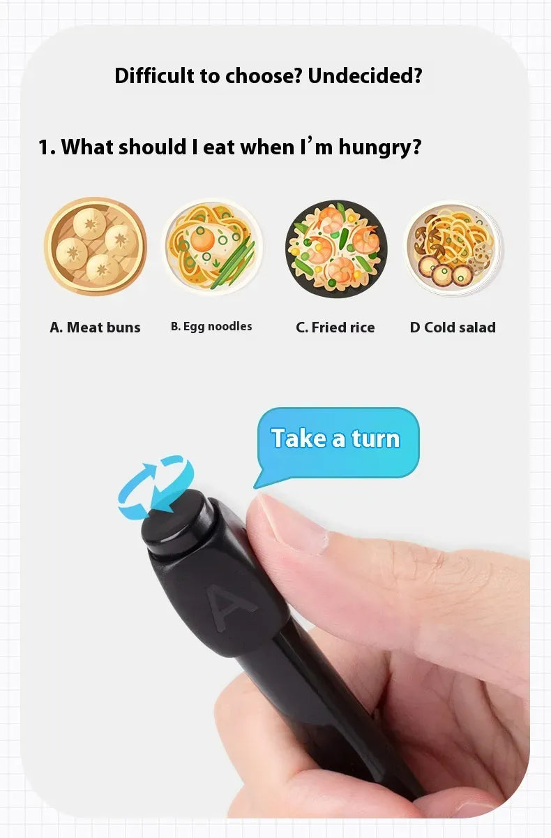 ABCD option Pen with a question and food options on a white background