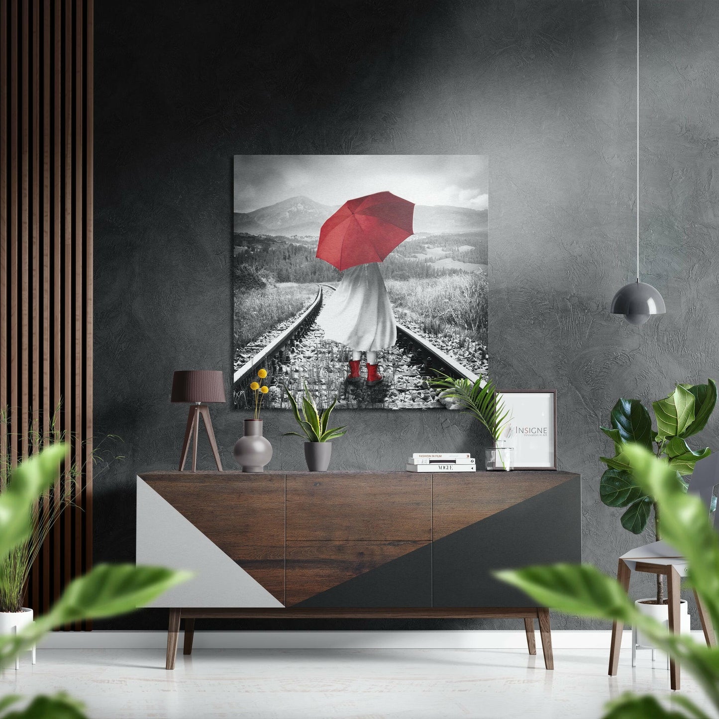 Red umbrella metal wall art