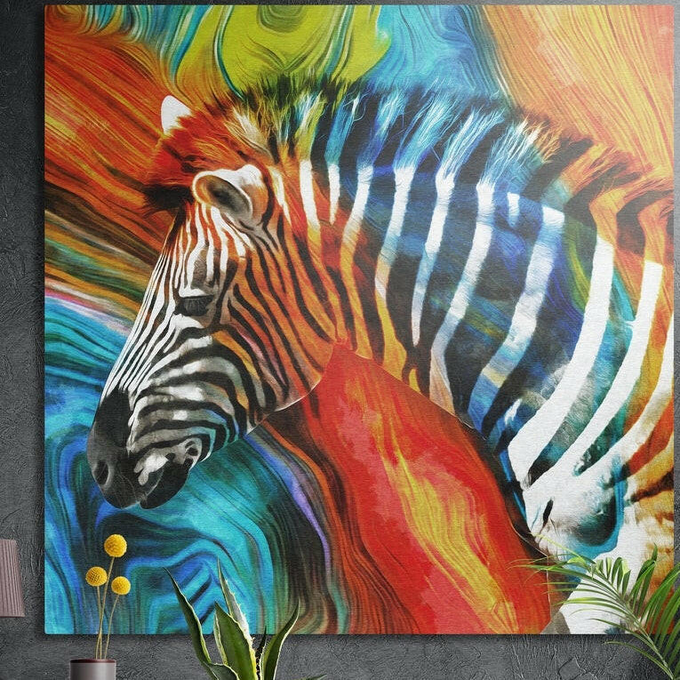 Zebra in profile with black and white stripes against swirling red, orange, blue and green paint, brushed aluminum wall art
