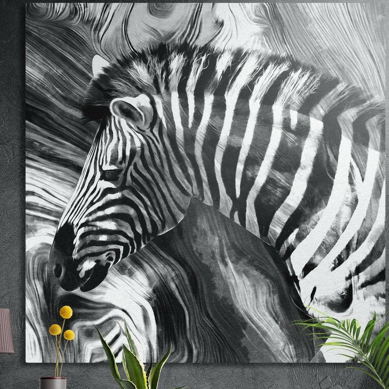 Black and white zebra head with bold stripes against flowing swirling lines, brushed aluminum wall art above potted plants