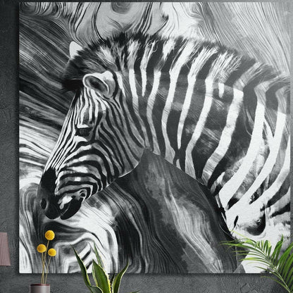 Black and white zebra head with bold stripes against flowing swirling lines, brushed aluminum wall art above potted plants