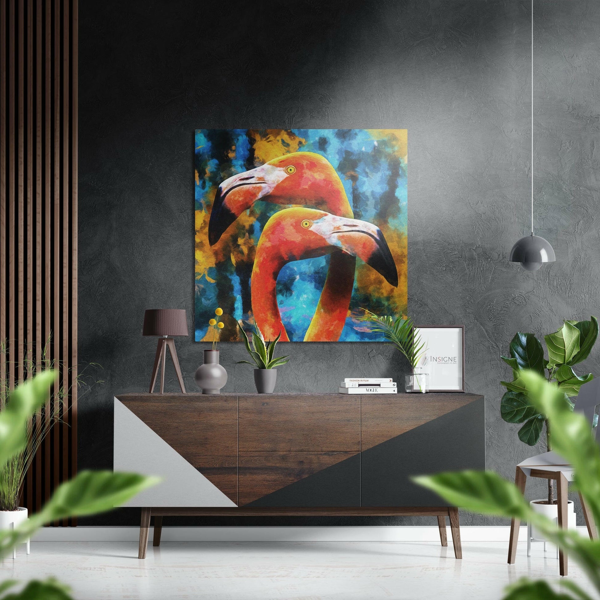 Two painted flamingos metal wall art