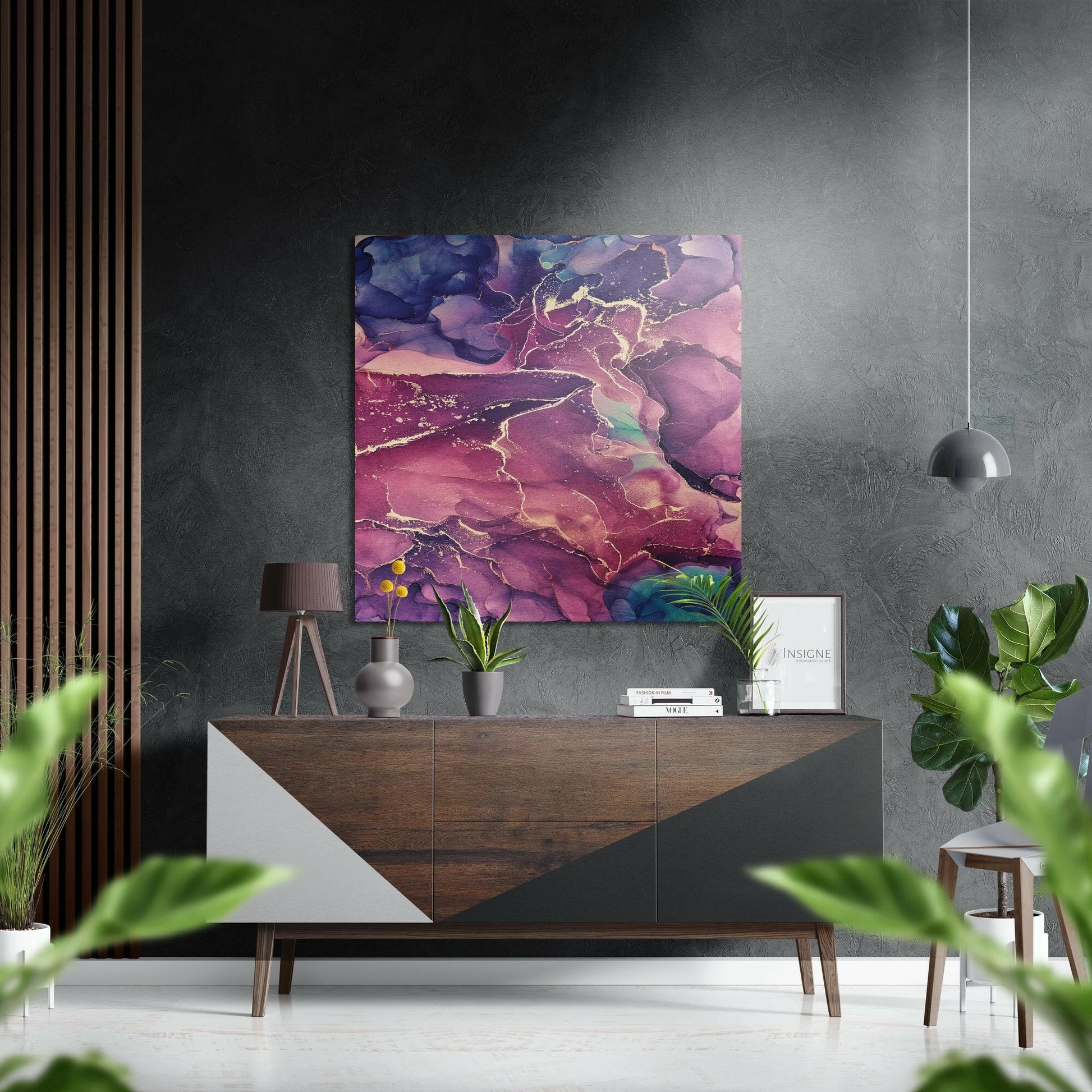 Purple Pink Gold Marble metal wall art with metallic gold veining