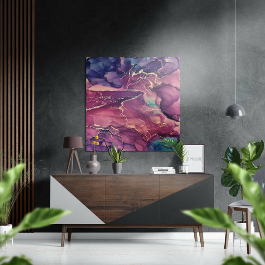 Purple Pink Gold Marble metal wall art with metallic gold veining