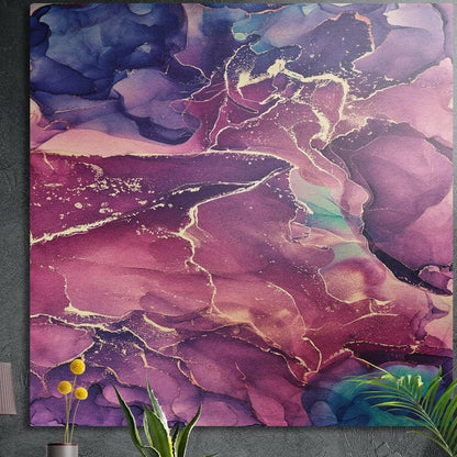 Swirling purple, magenta and rose marble with fine gold veins and soft teal touches, brushed aluminum wall art