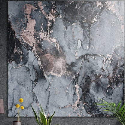 Soft gray and charcoal marble ink with fine rose gold veins, brushed aluminum wall art behind plants