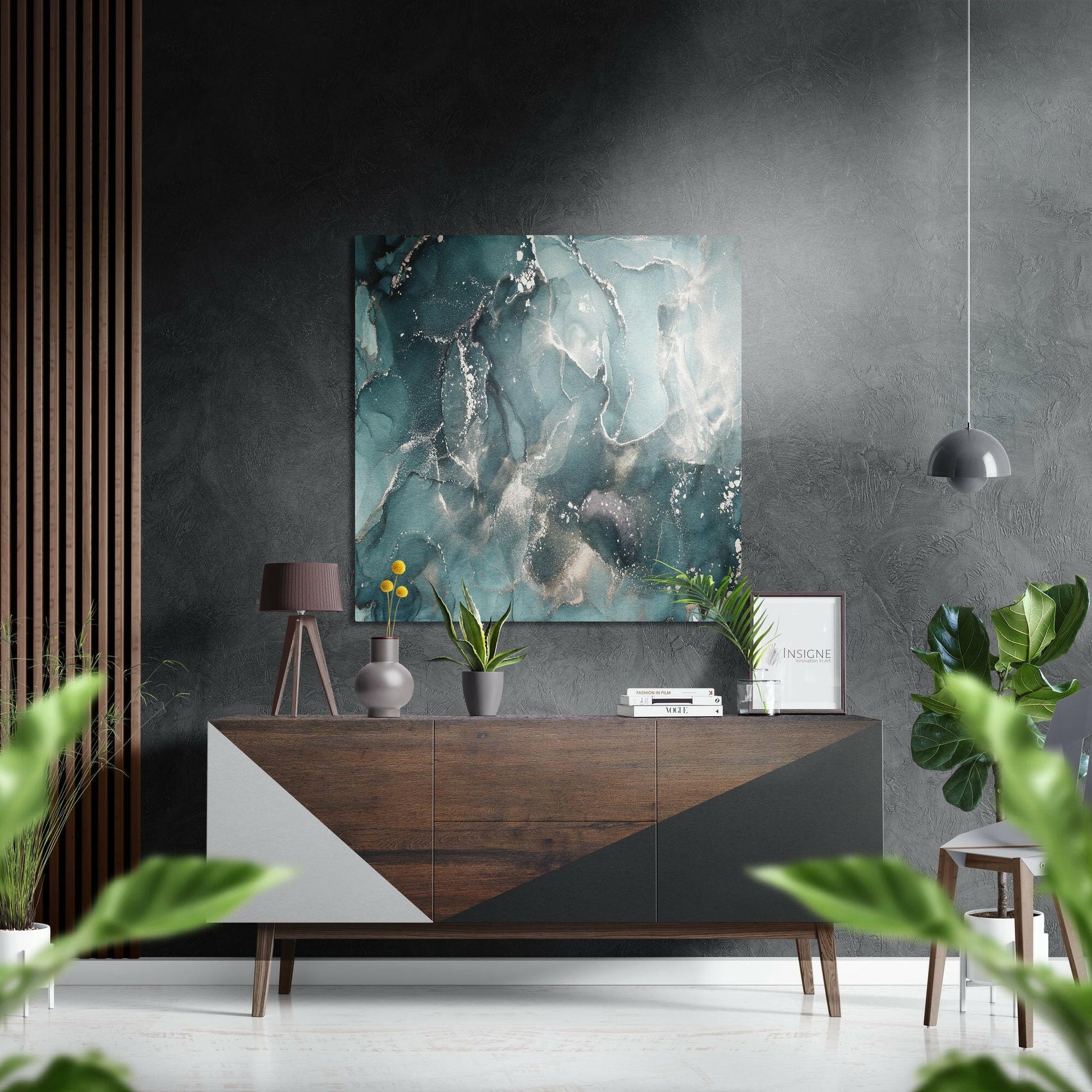 Teal silver marble metal wall art