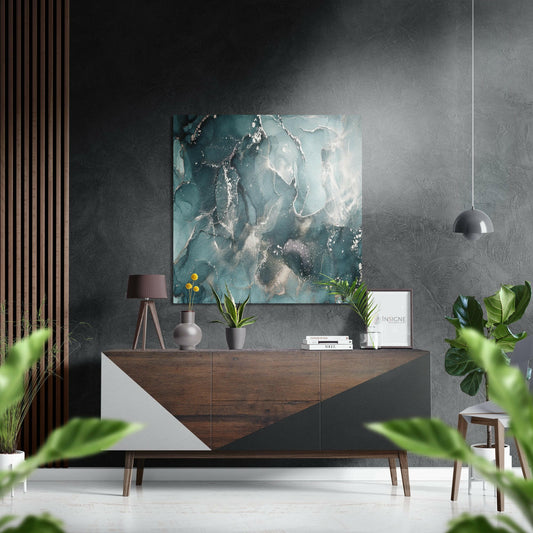 Teal silver marble metal wall art