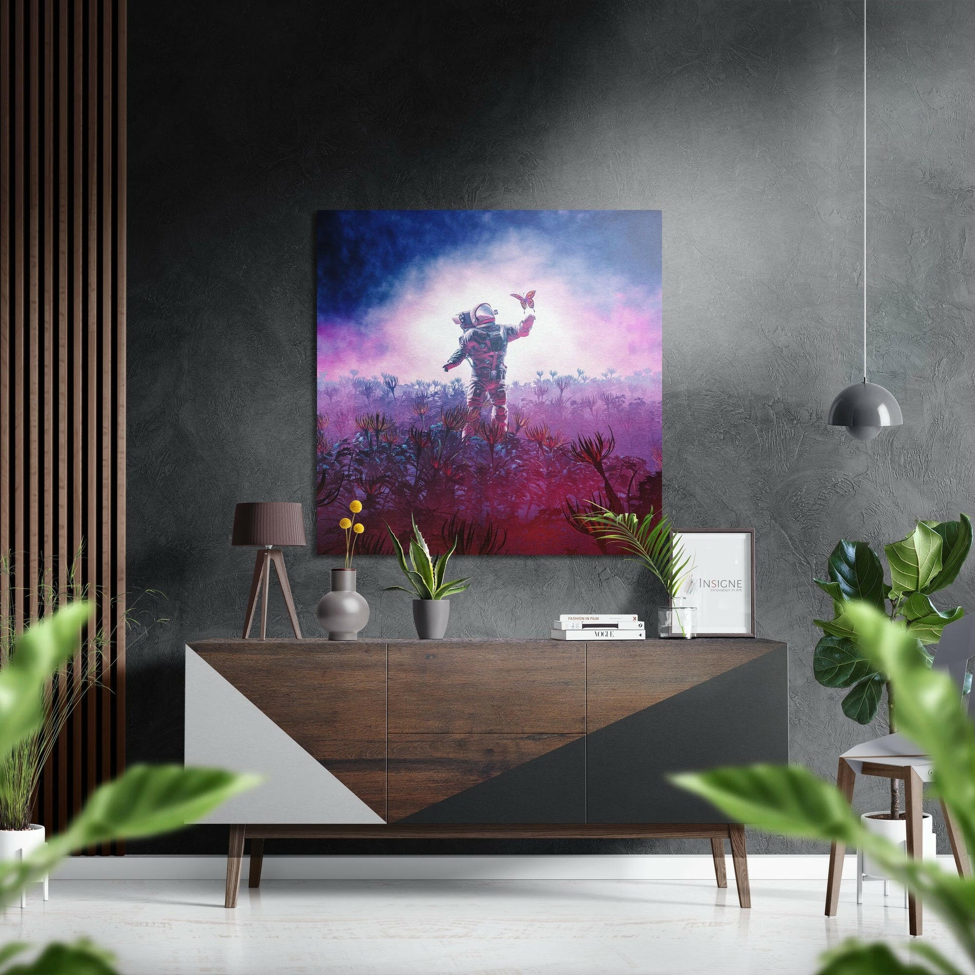 Astronaut pink alien field metal wall art