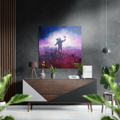 Astronaut pink alien field metal wall art