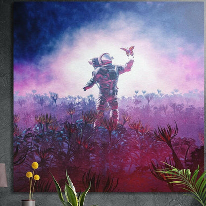 Astronaut reaching to a pink butterfly in a field of alien plants under a glowing pink sky, brushed aluminum wall art