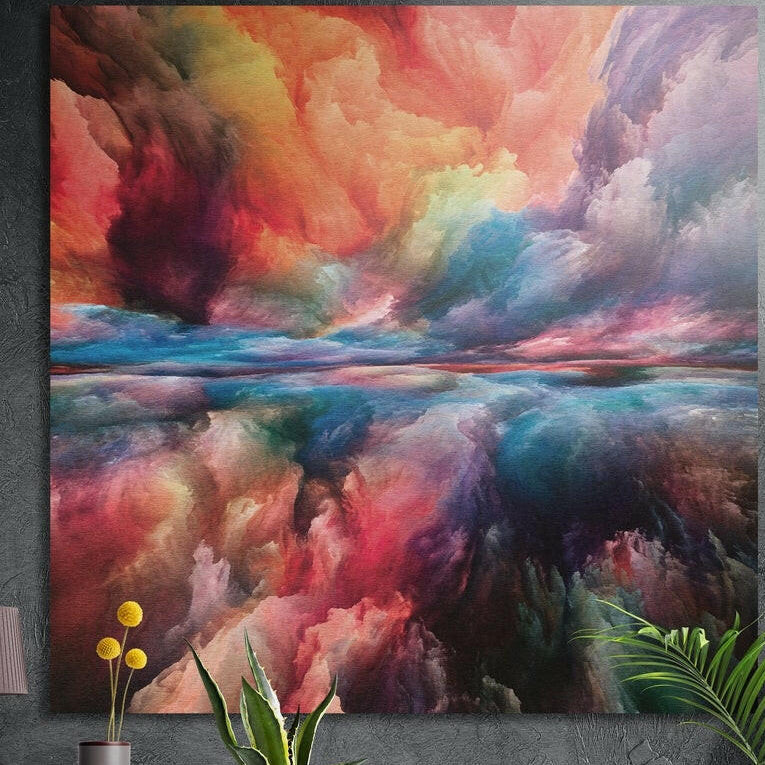 Coral, pink and teal clouds over a calm horizon, brushed aluminum wall art on a concrete wall behind plants