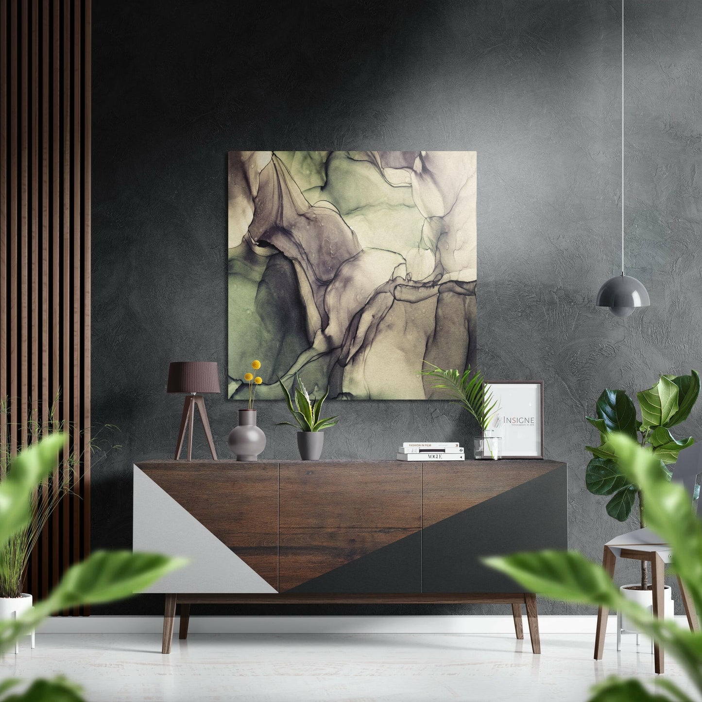 Olive ivory ink marble metal wall art