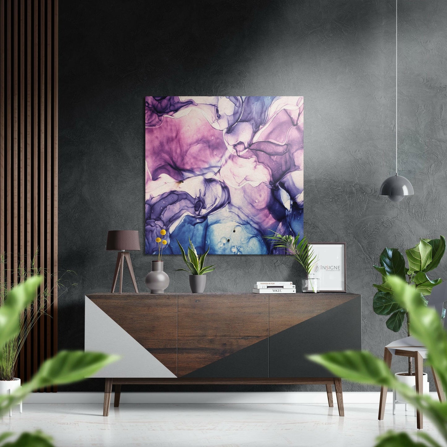 Violet blue ink bloom abstract brushed aluminum wall art