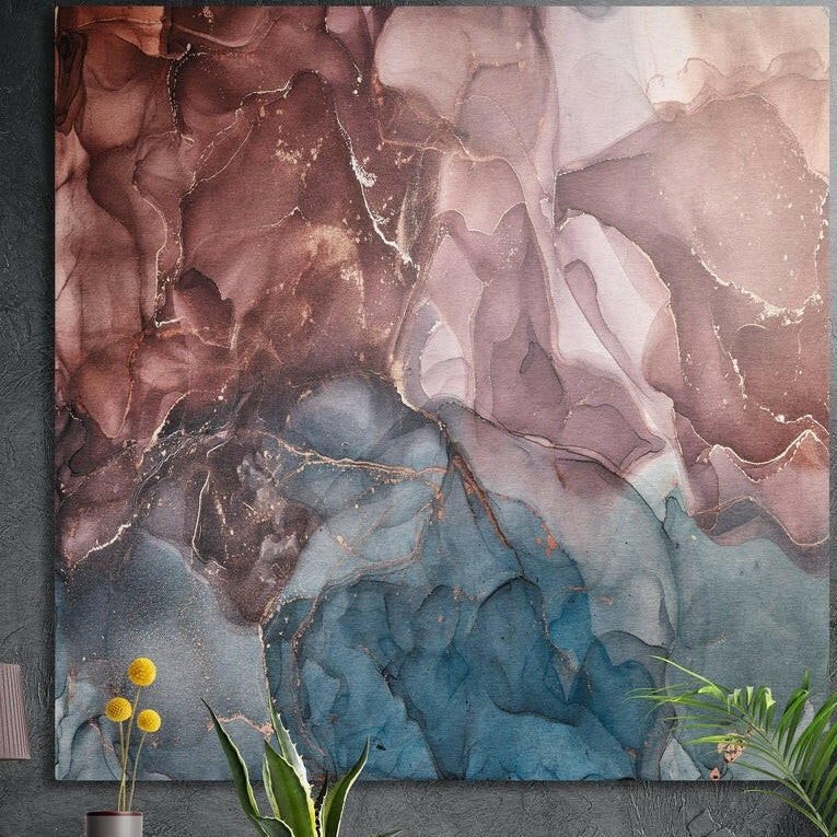 Terracotta, blush and teal marble with fine gold veins, brushed aluminum wall art on a dark wall behind plants