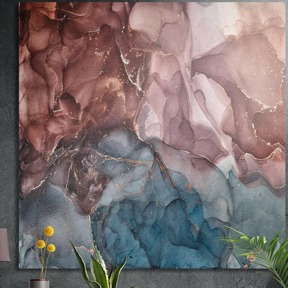 Terracotta, blush and teal marble with fine gold veins, brushed aluminum wall art on a dark wall behind plants