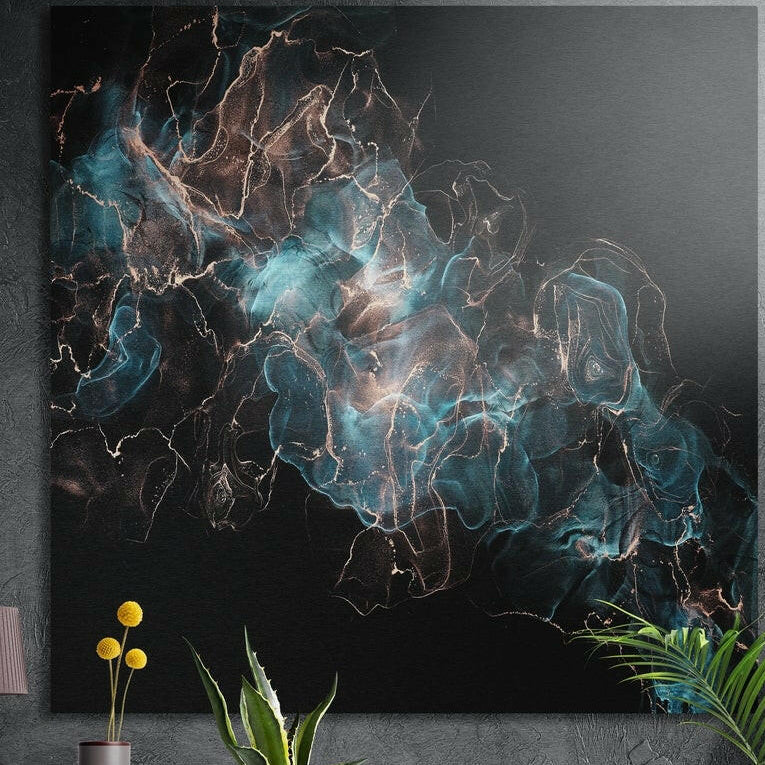 Wisps of turquoise and copper smoke drifting across a black background, brushed aluminum wall art above potted plants