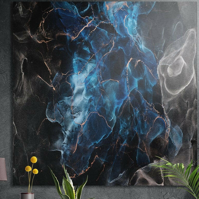 Blue flame-like smoke and white wisps over black marble with copper veins, brushed aluminum wall art above potted plants