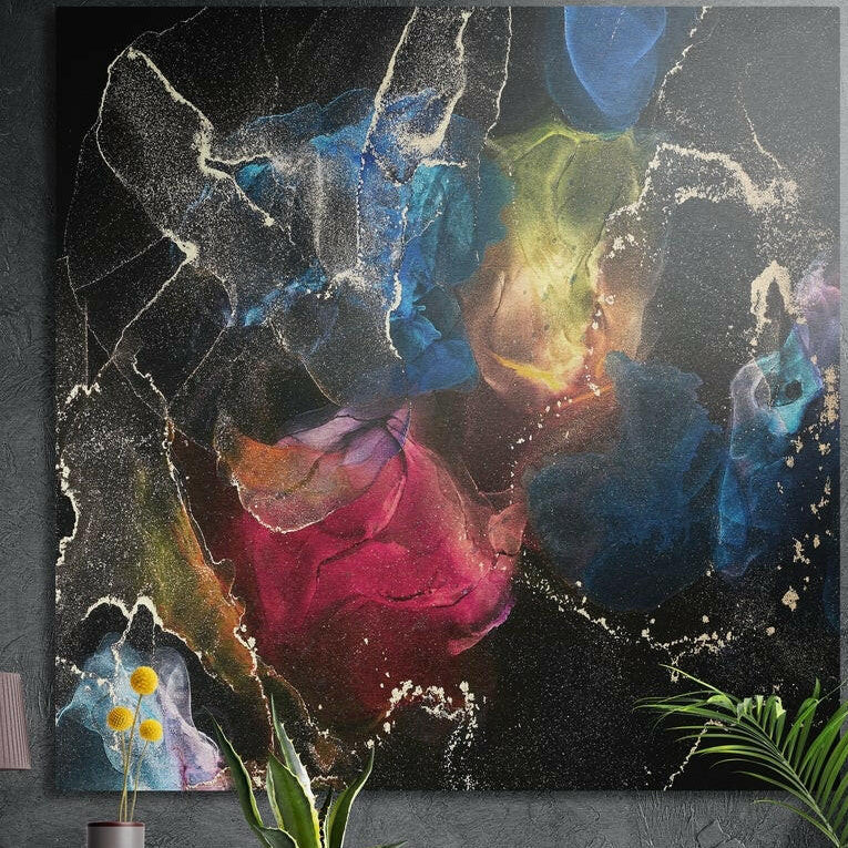 Clouds of magenta, blue and yellow ink blooming across black with fine gold and white veins, brushed aluminum wall art