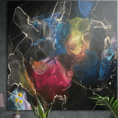 Clouds of magenta, blue and yellow ink blooming across black with fine gold and white veins, brushed aluminum wall art