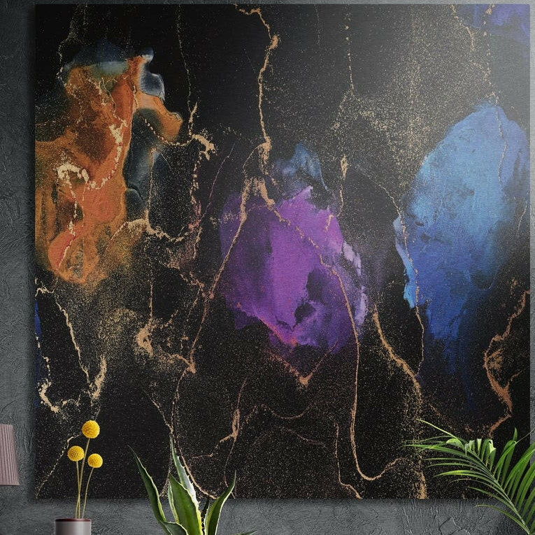 Amber, violet and blue ink blooms with fine gold veins on black, brushed aluminum wall art behind plants