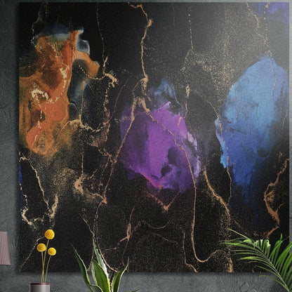 Amber, violet and blue ink blooms with fine gold veins on black, brushed aluminum wall art behind plants