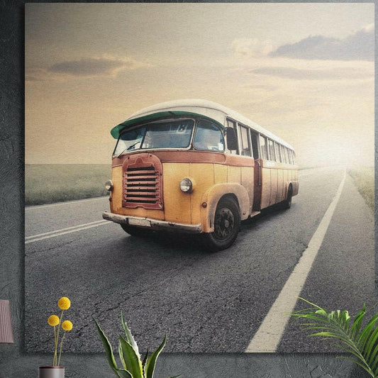 Weathered yellow vintage bus on an open road at dawn, brushed aluminum wall art on a dark wall behind plants