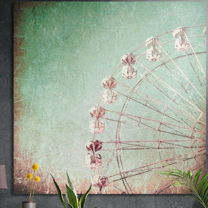 Vintage-style Ferris wheel on a mint sky with a worn texture, brushed aluminum wall art on a concrete wall behind plants