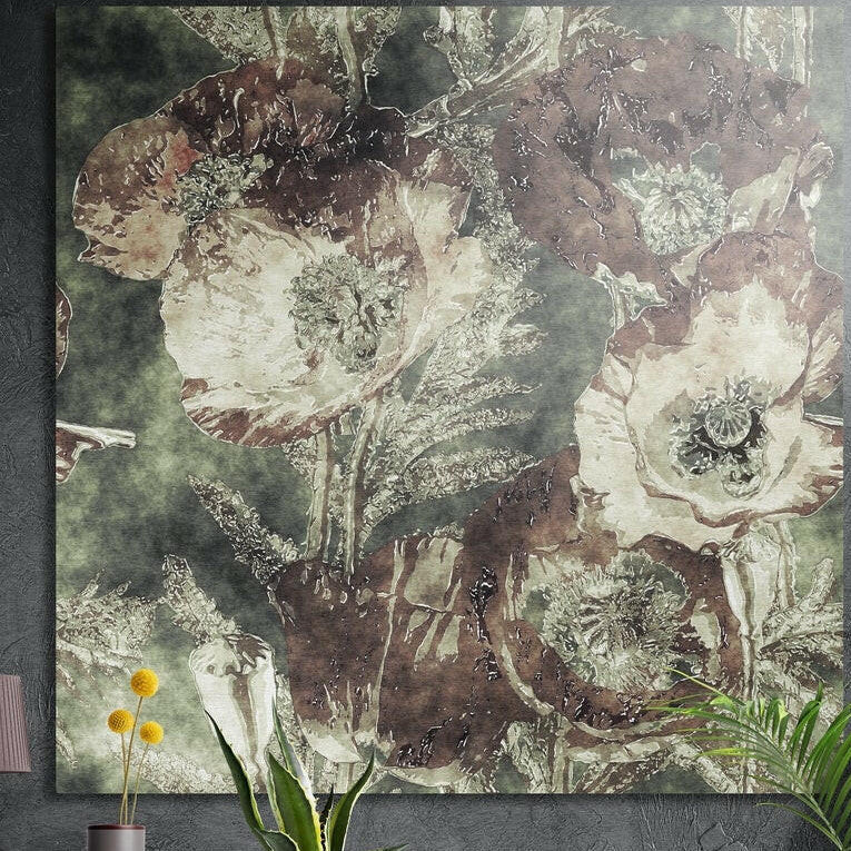 Pale beige poppies on a muted green and brown ground, brushed aluminum wall art on a dark wall behind plants