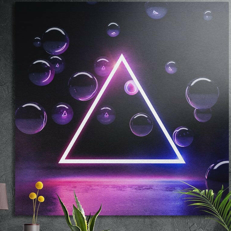 Glowing white and pink neon triangle among floating purple bubbles above reflective water, brushed aluminum wall art