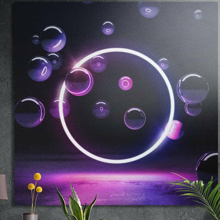 White neon ring among floating purple bubbles over a violet haze, brushed aluminum wall art behind plants