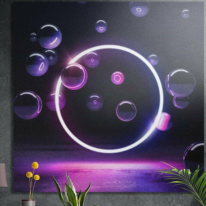 White neon ring among floating purple bubbles over a violet haze, brushed aluminum wall art behind plants