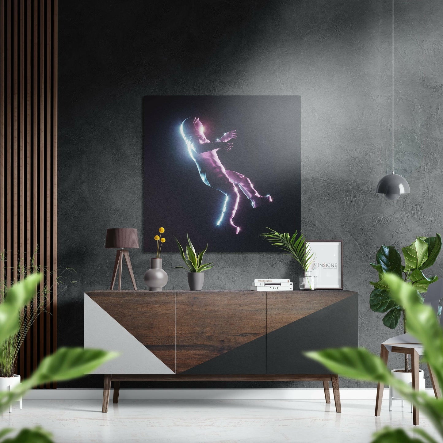 Neon glow floating astronaut metal wall art