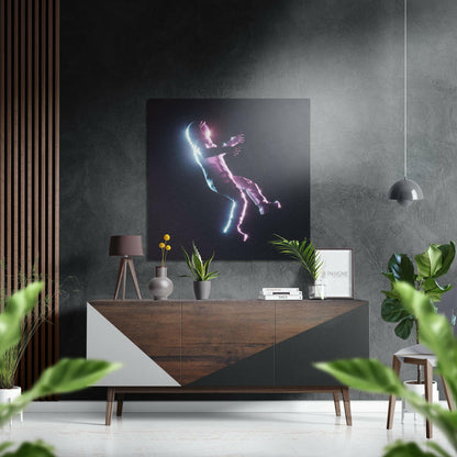 Neon glow floating astronaut metal wall art