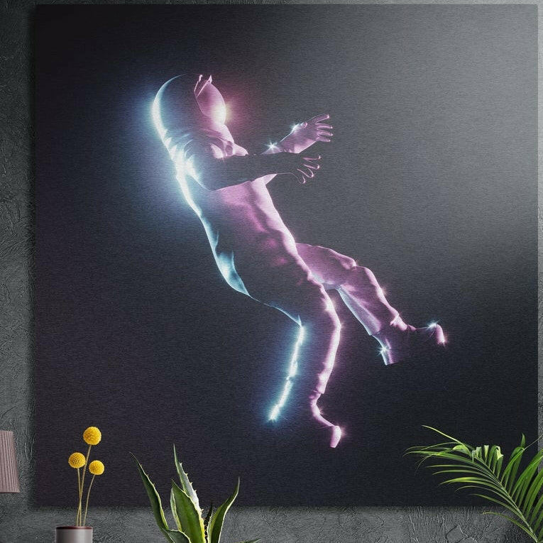 Astronaut drifting in dark space, outlined in glowing pink and blue neon light, brushed aluminum wall art behind plants
